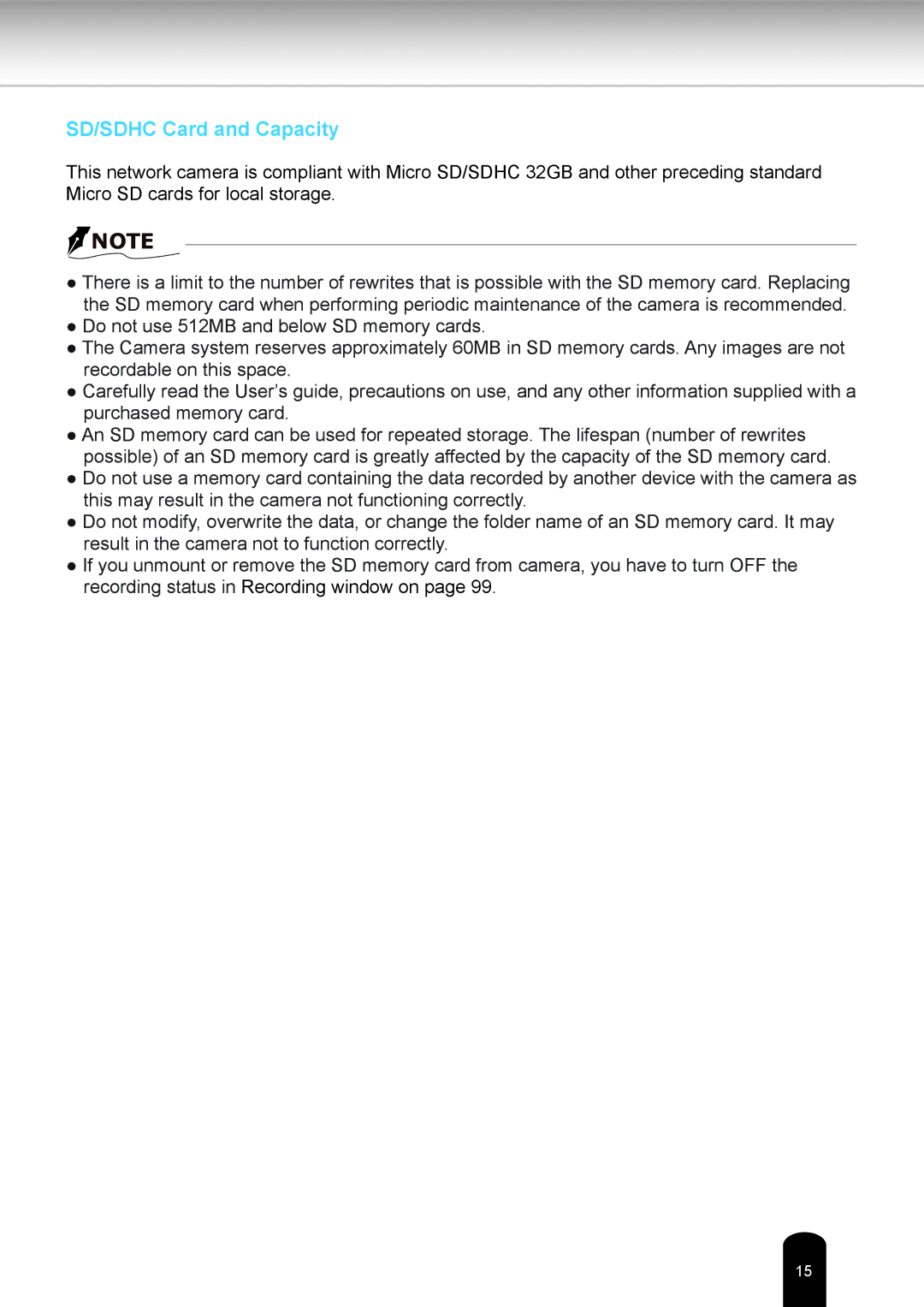 Toshiba IK-WR05A user manual SD/SDHC Card and Capacity 