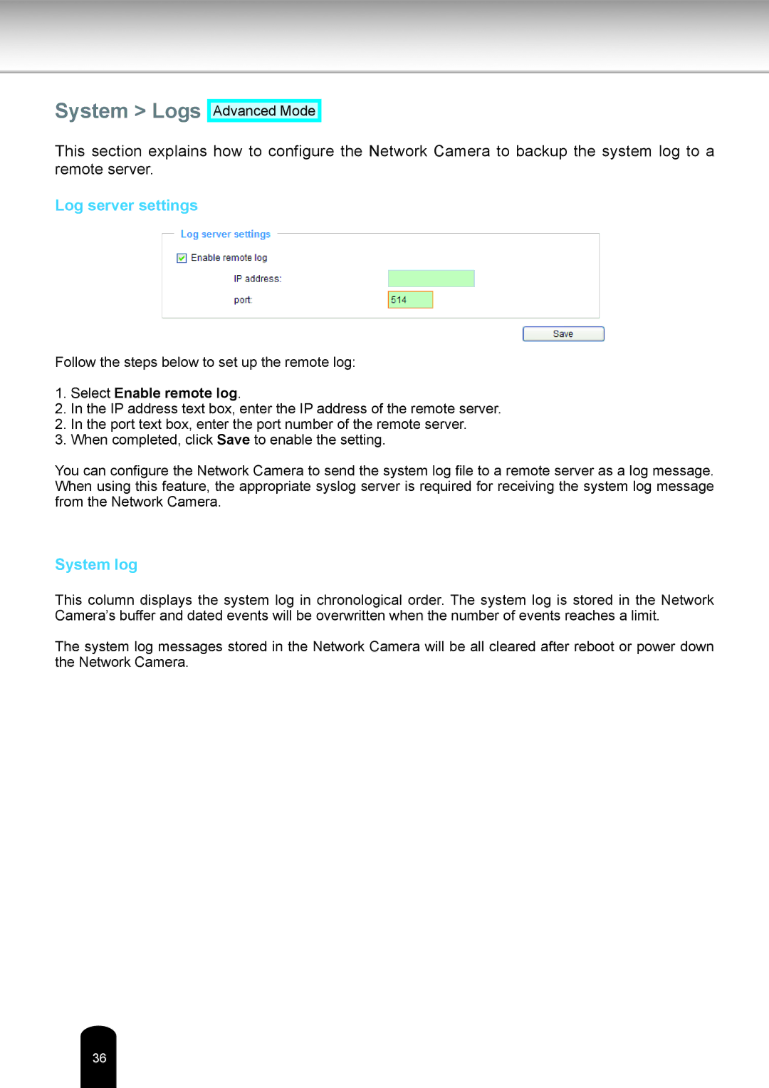 Toshiba IK-WR05A user manual System Logs, Log server settings, System log 