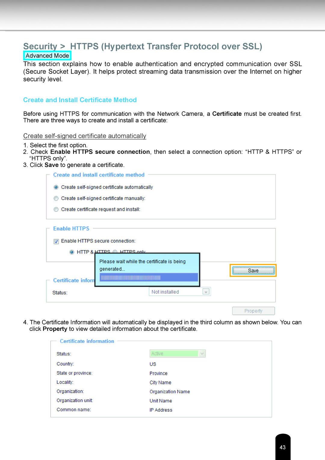 Toshiba IK-WR05A user manual Security Https Hypertext Transfer Protocol over SSL, Create and Install Certificate Method 