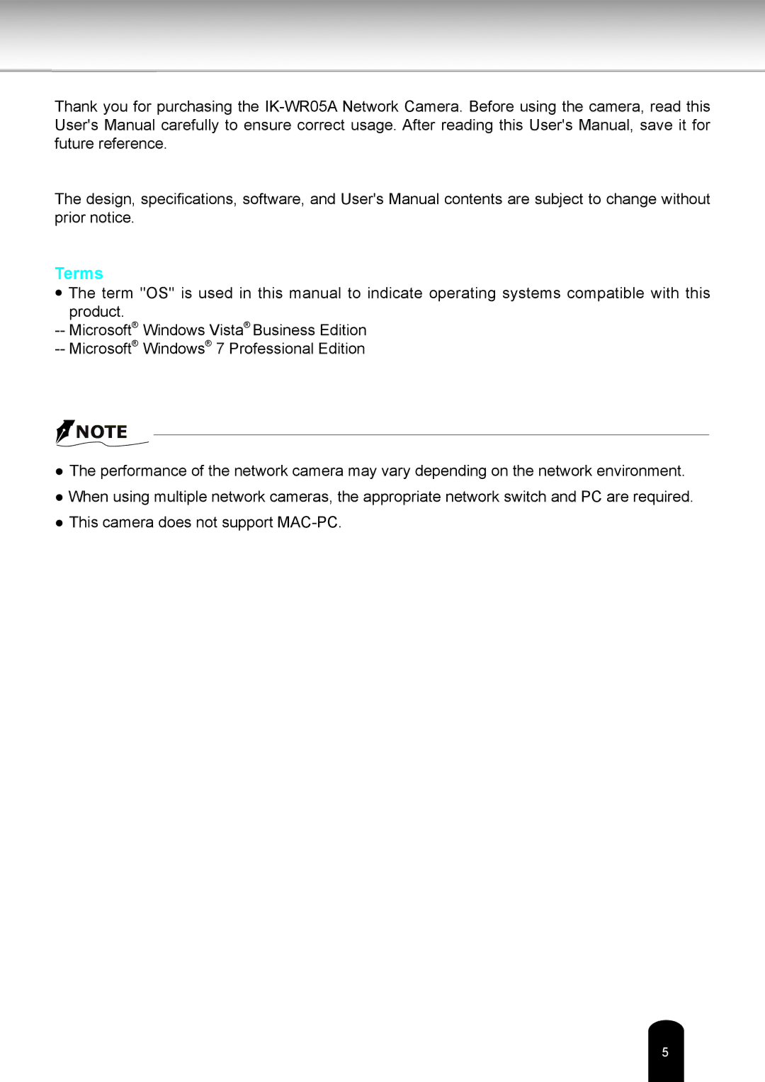 Toshiba IK-WR05A user manual Terms 