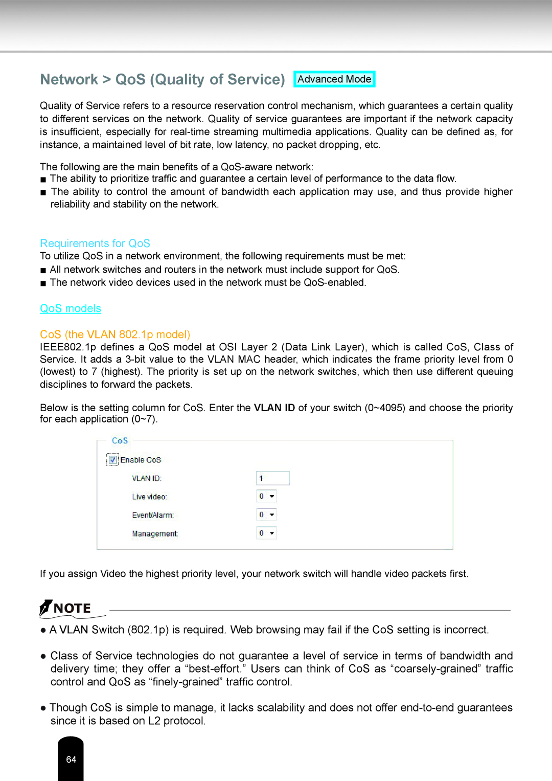 Toshiba IK-WR05A user manual Network QoS Quality of Service, Requirements for QoS 