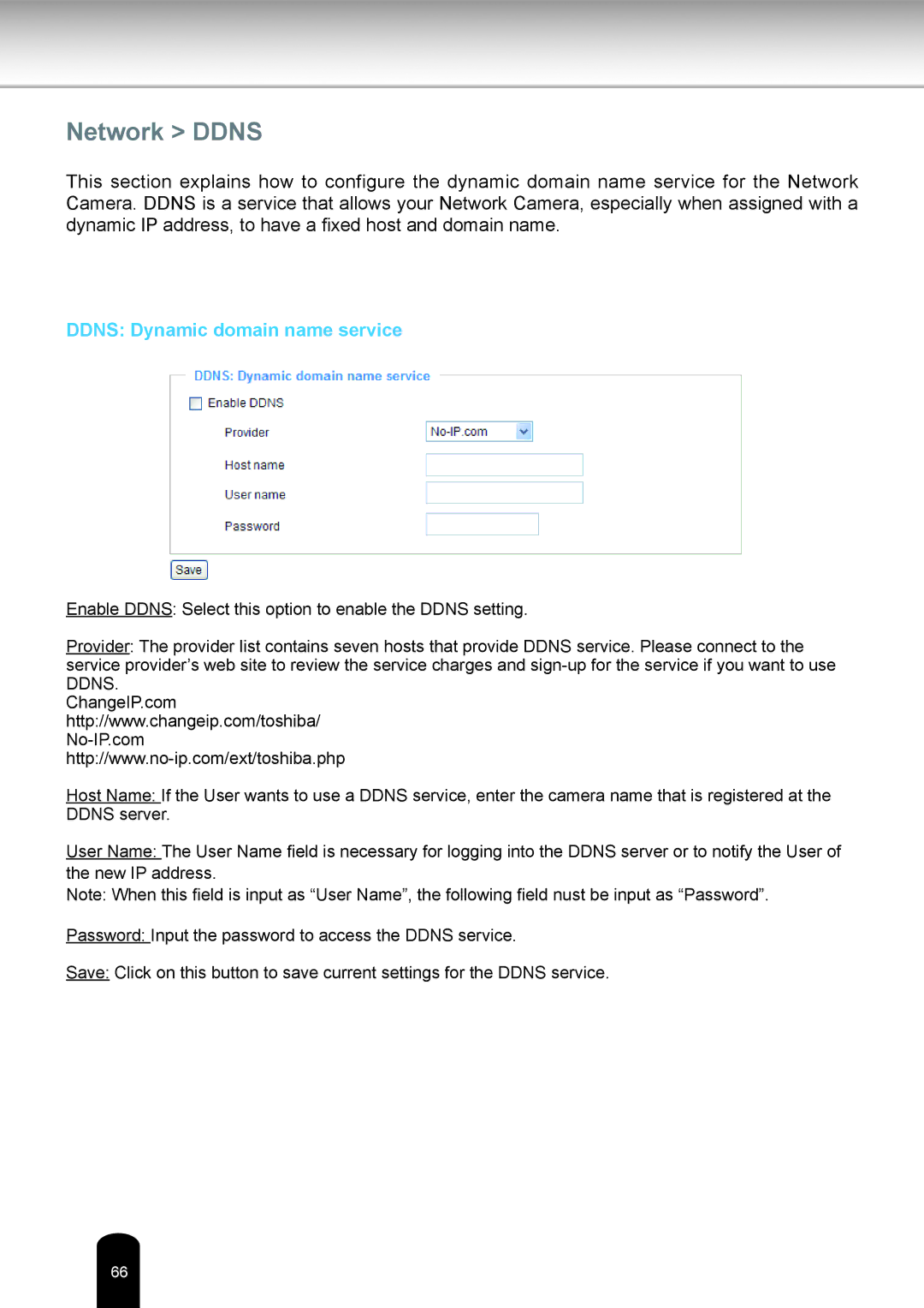 Toshiba IK-WR05A user manual Network Ddns, Ddns Dynamic domain name service 