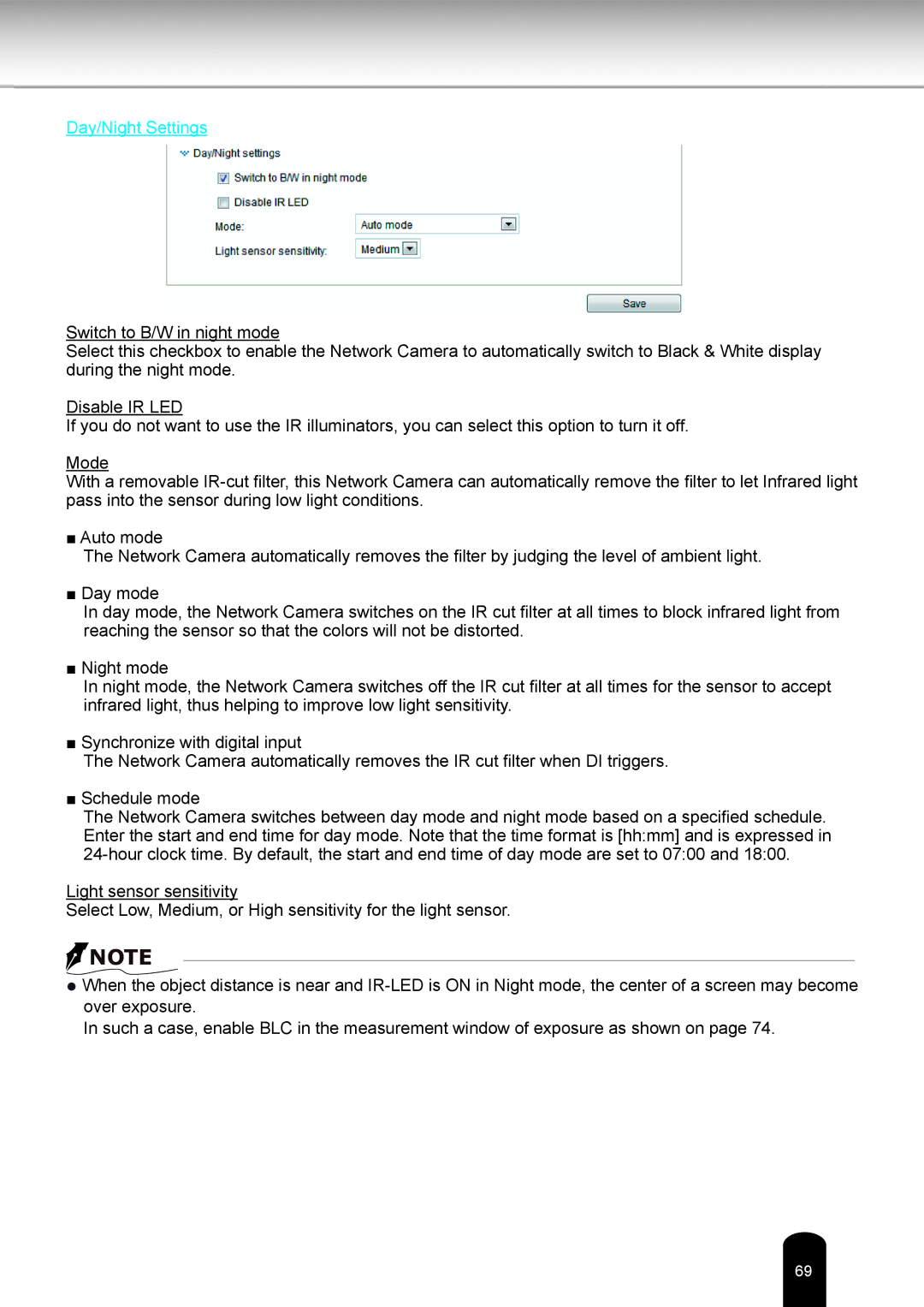 Toshiba IK-WR05A user manual Day/Night Settings 