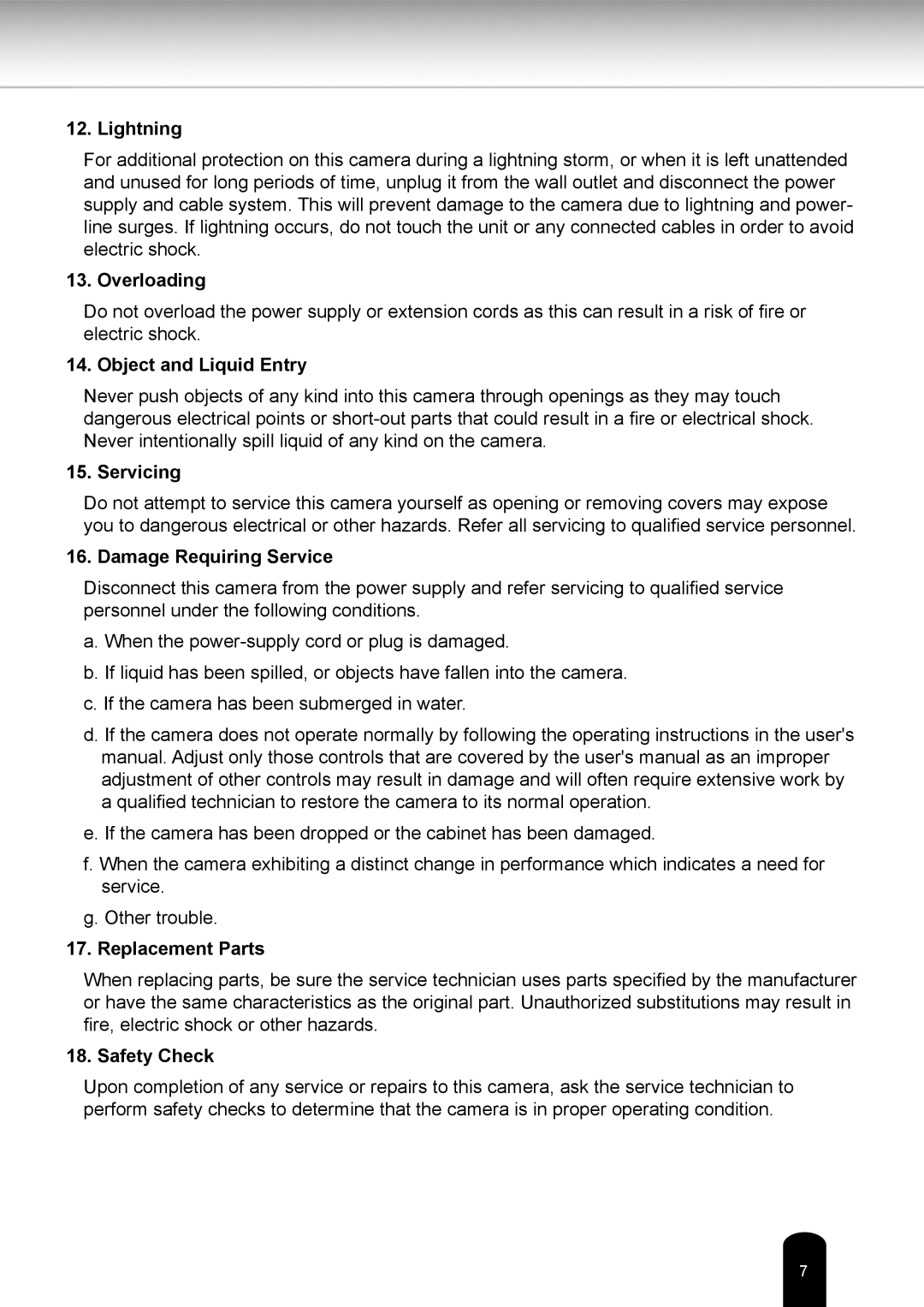 Toshiba IK-WR05A user manual Lightning 