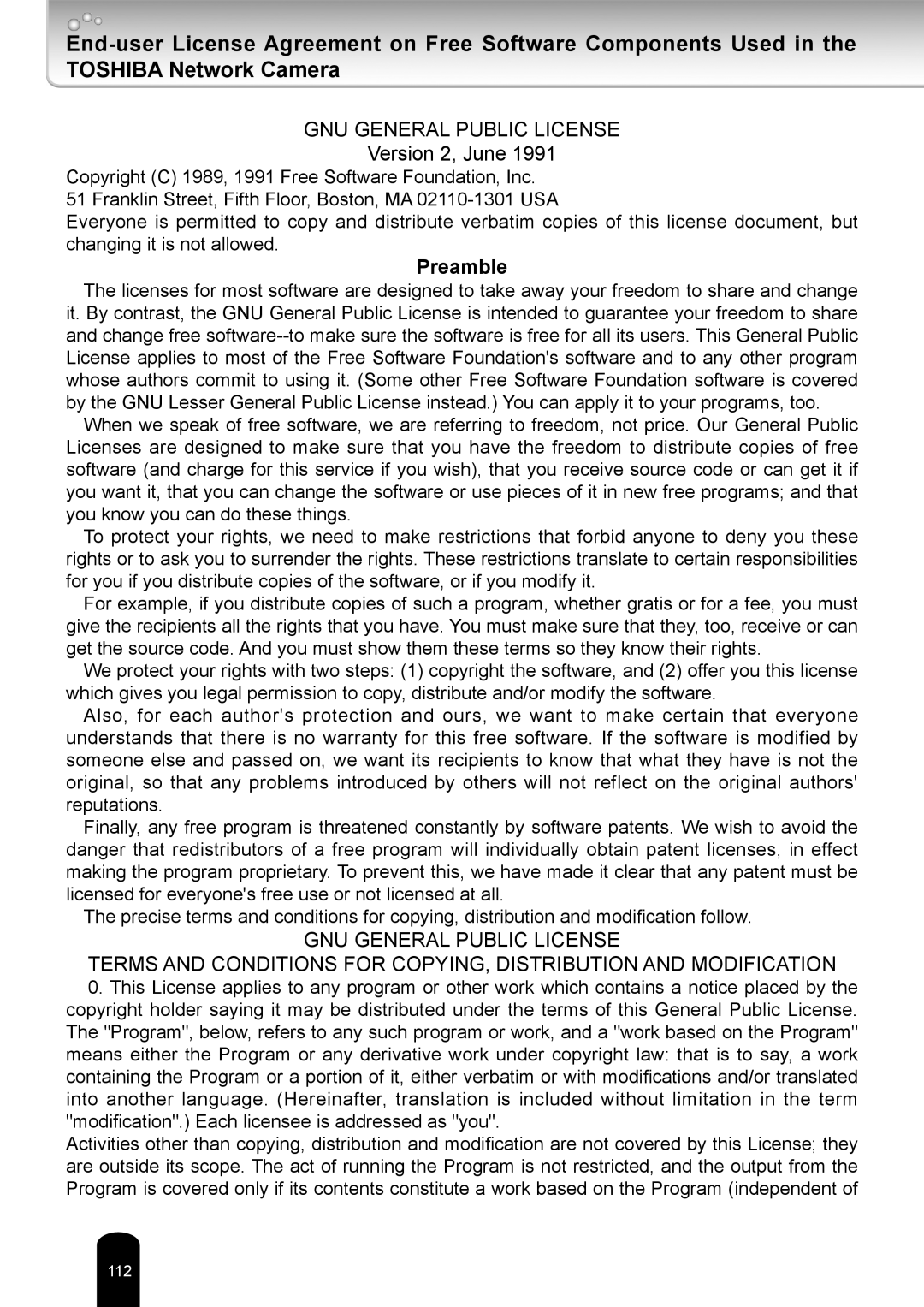Toshiba IK-WR05A user manual Preamble, GNU GENERAL PUBLIC LICENSE Version 2, June, Gnu General Public License 