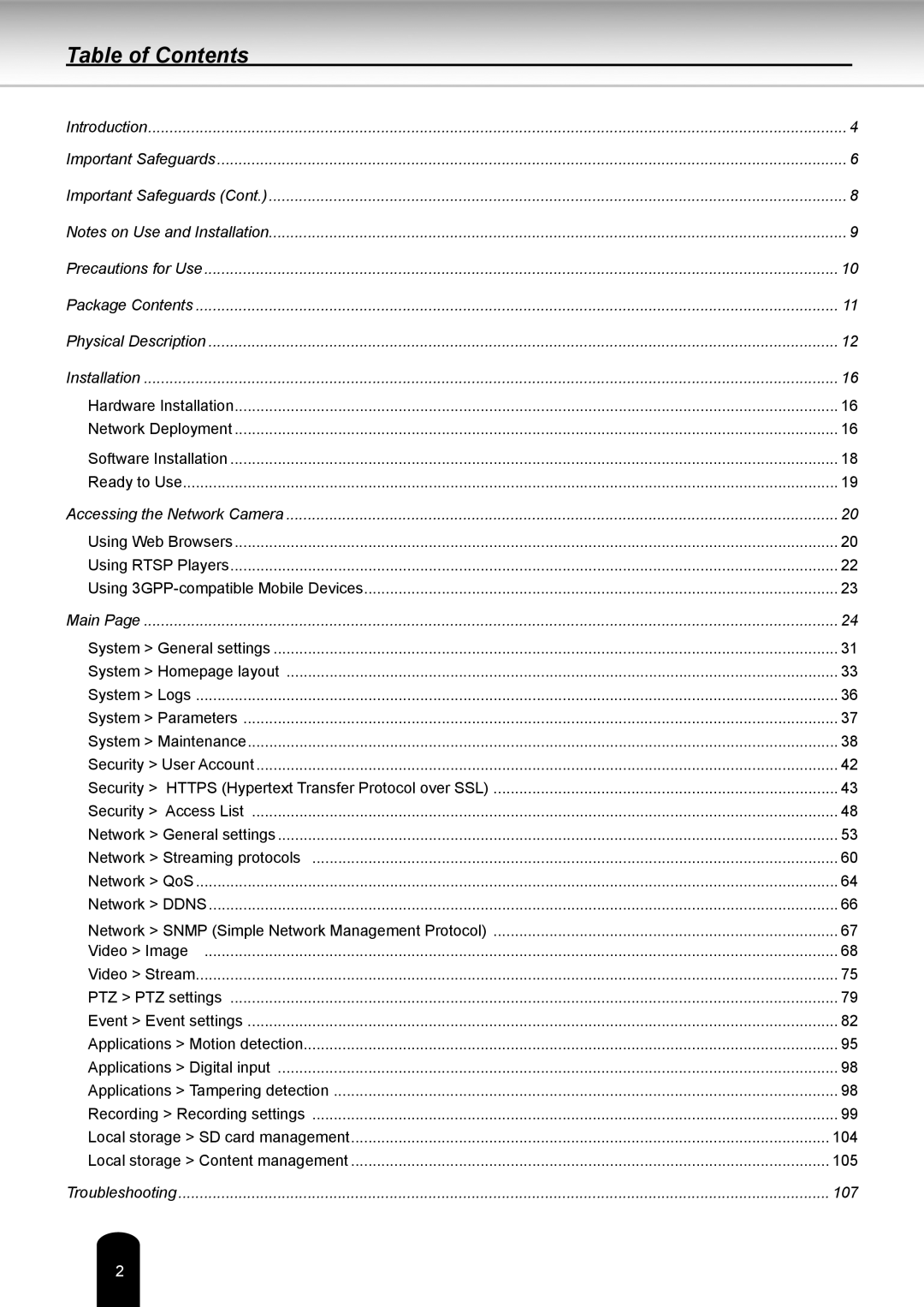 Toshiba IK-WR05A user manual Table of Contents 