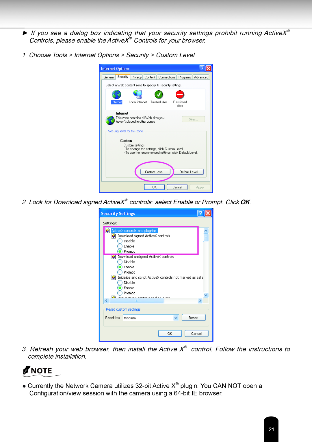 Toshiba IK-WR05A user manual Choose Tools Internet Options Security Custom Level 