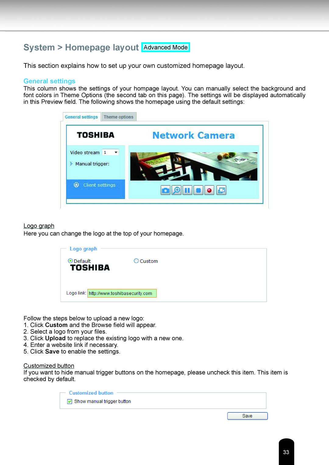 Toshiba IK-WR05A user manual System Homepage layout, General settings 