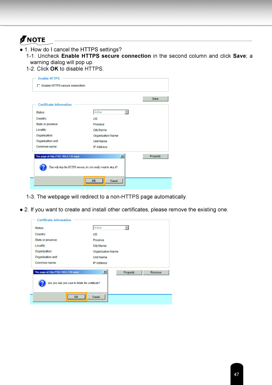 Toshiba IK-WR05A user manual How do I cancel the HTTPS settings?, Click OK to disable HTTPS 