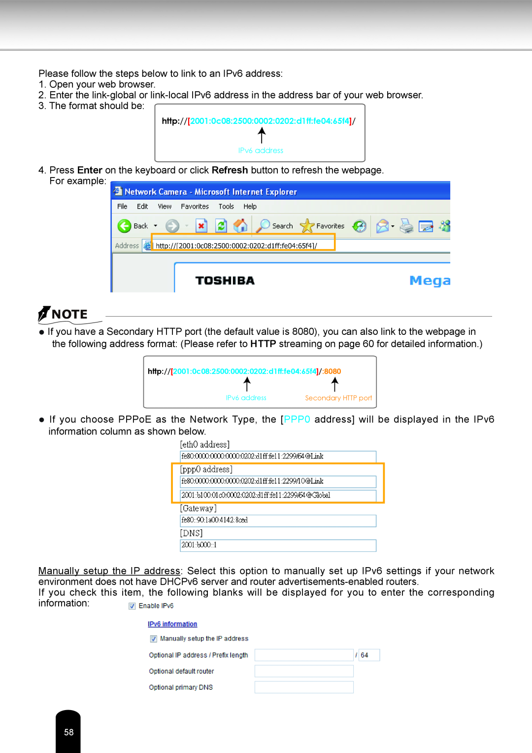 Toshiba IK-WR05A user manual Please follow the steps below to link to an IPv6 address 