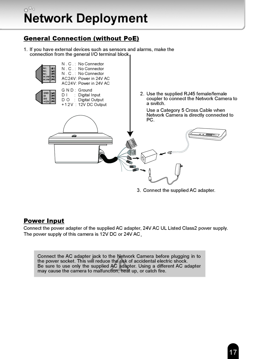 Toshiba 625012200G, IK-WR12A quick start Network Deployment, General Connection without PoE, Power Input 