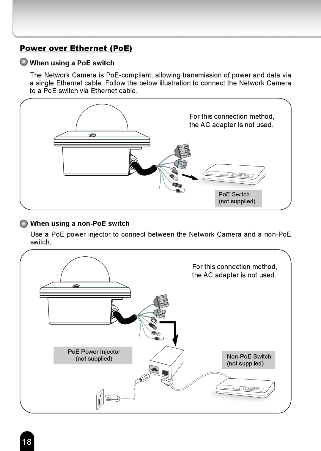 Toshiba IK-WR12A, 625012200G quick start Power over Ethernet PoE, When using a PoE switch, When using a non-PoE switch 