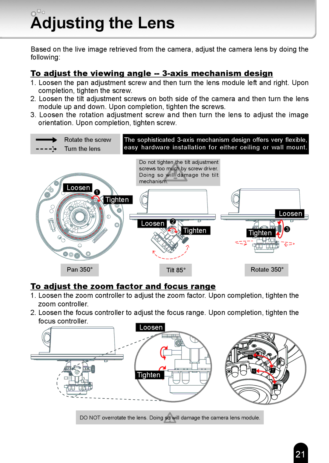 Toshiba 625012200G, IK-WR12A quick start Adjusting the Lens, To adjust the viewing angle -- 3-axis mechanism design 