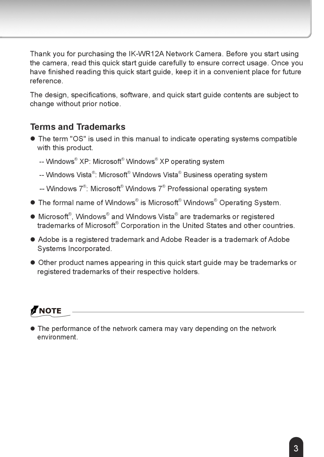 Toshiba 625012200G, IK-WR12A quick start Terms and Trademarks 