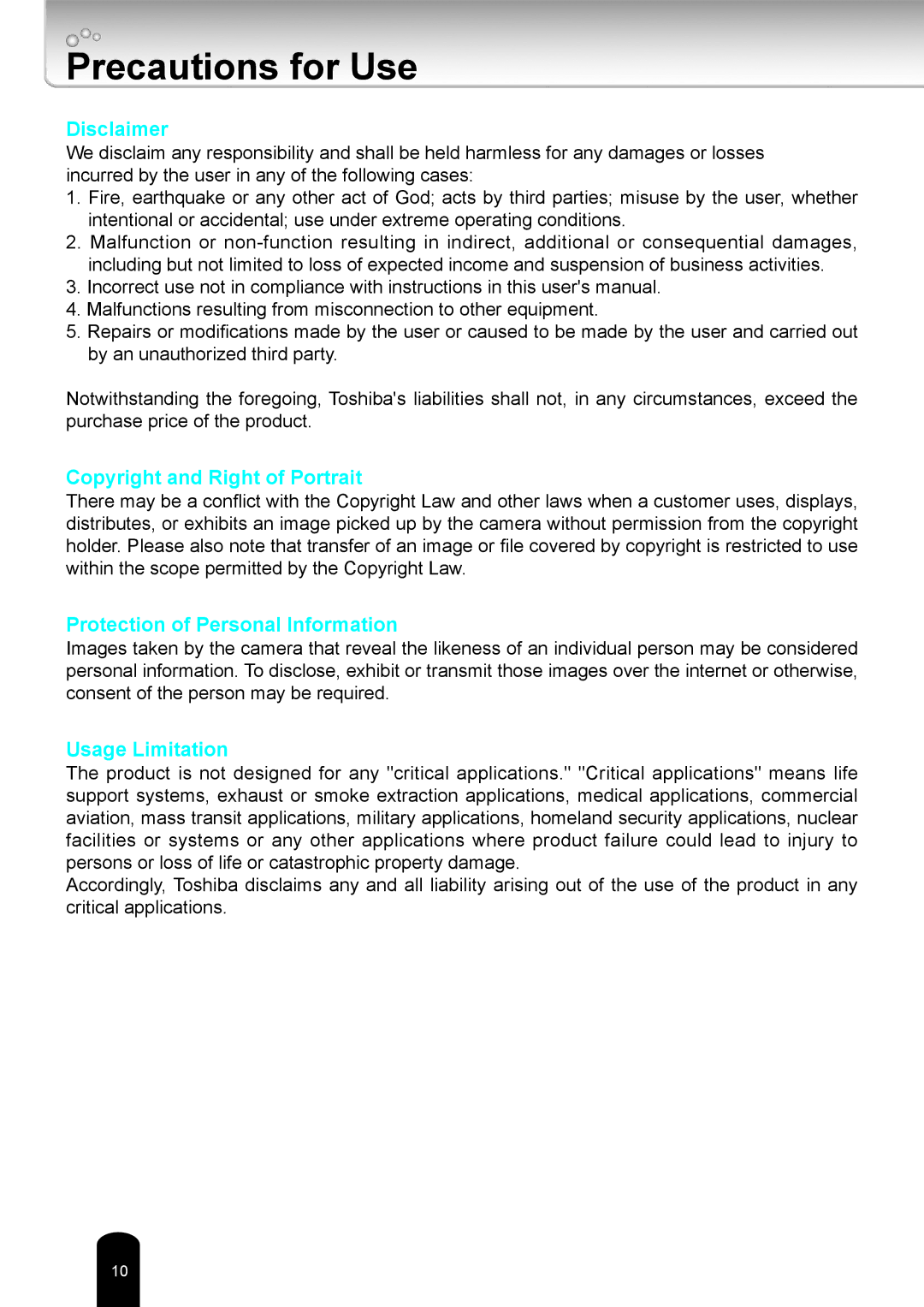 Toshiba IK-WR14A user manual Precautions for Use, Disclaimer 