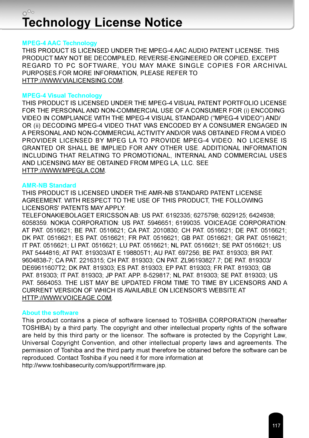 Toshiba IK-WR14A user manual Technology License Notice 