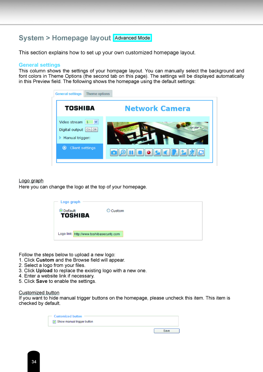 Toshiba IK-WR14A user manual System Homepage layout, General settings 