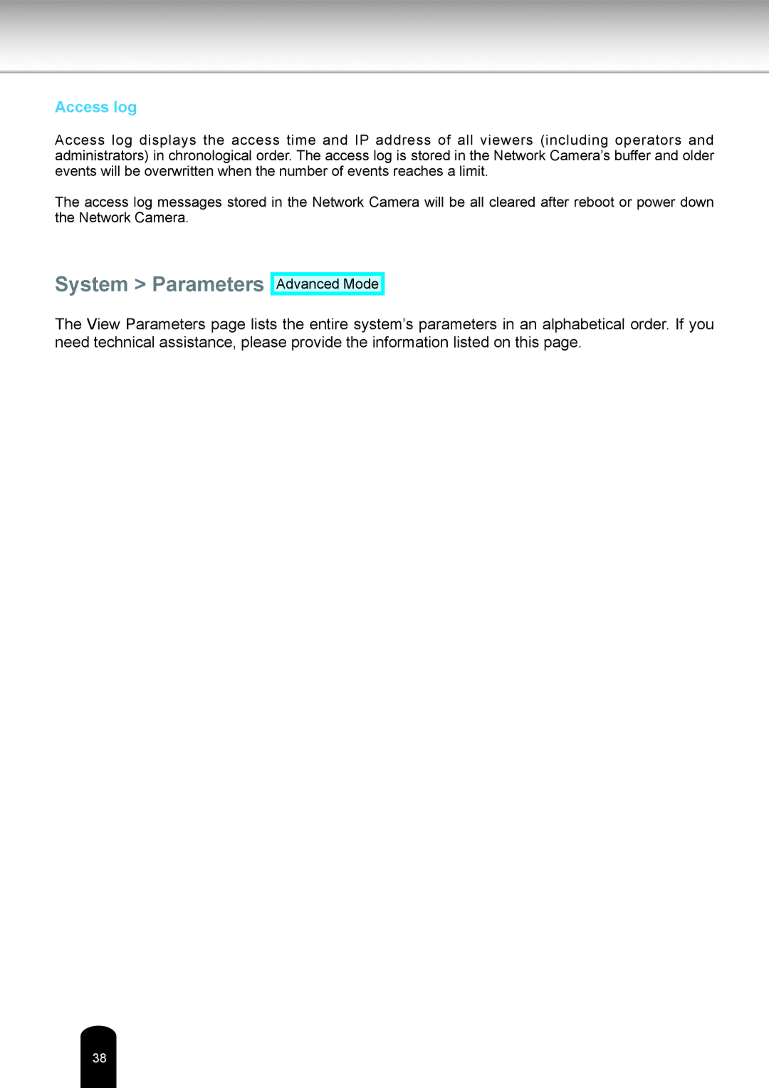 Toshiba IK-WR14A user manual System Parameters, Access log 