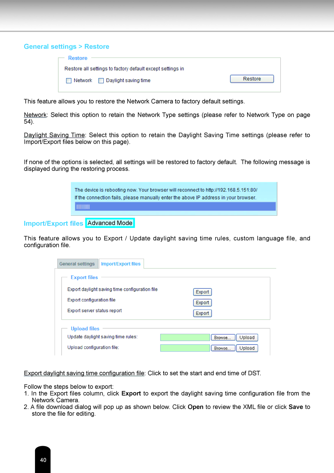 Toshiba IK-WR14A user manual General settings Restore, Import/Export files 