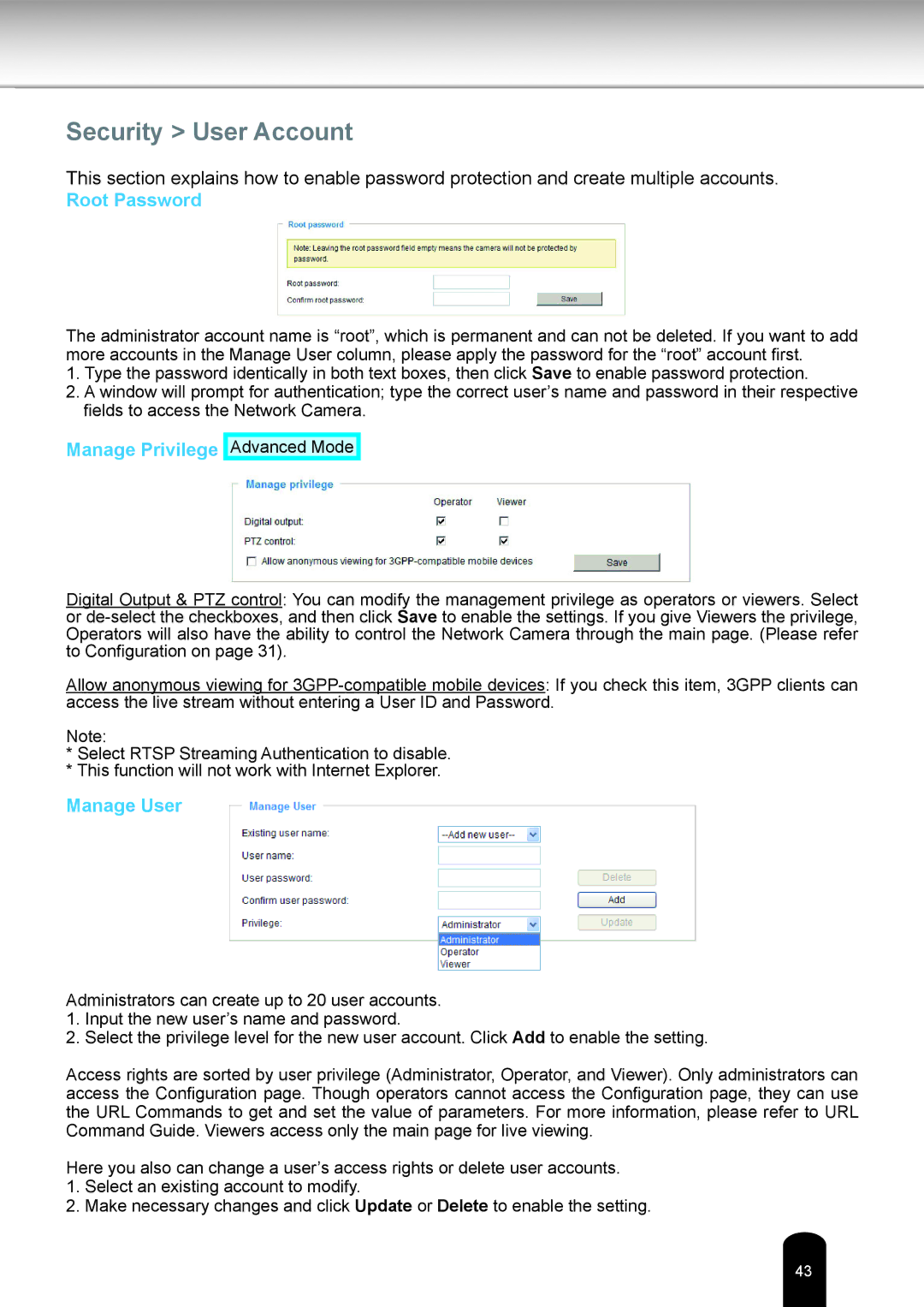 Toshiba IK-WR14A user manual Security User Account, Root Password, Manage Privilege, Manage User 