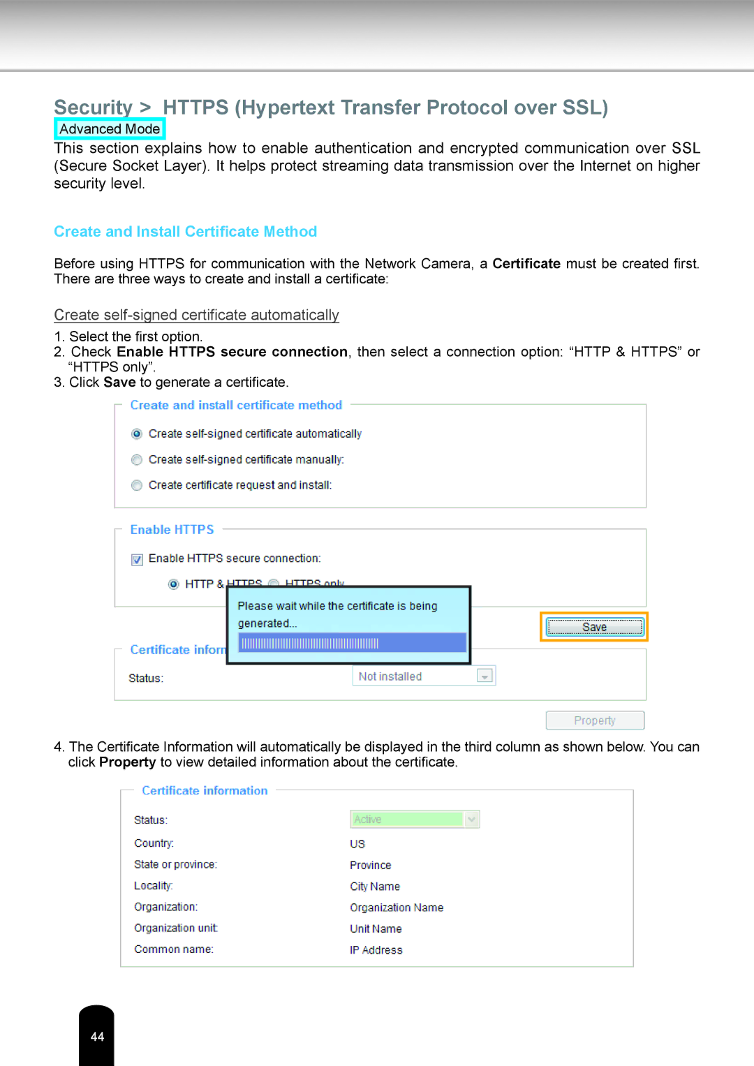 Toshiba IK-WR14A user manual Security Https Hypertext Transfer Protocol over SSL, Create and Install Certificate Method 