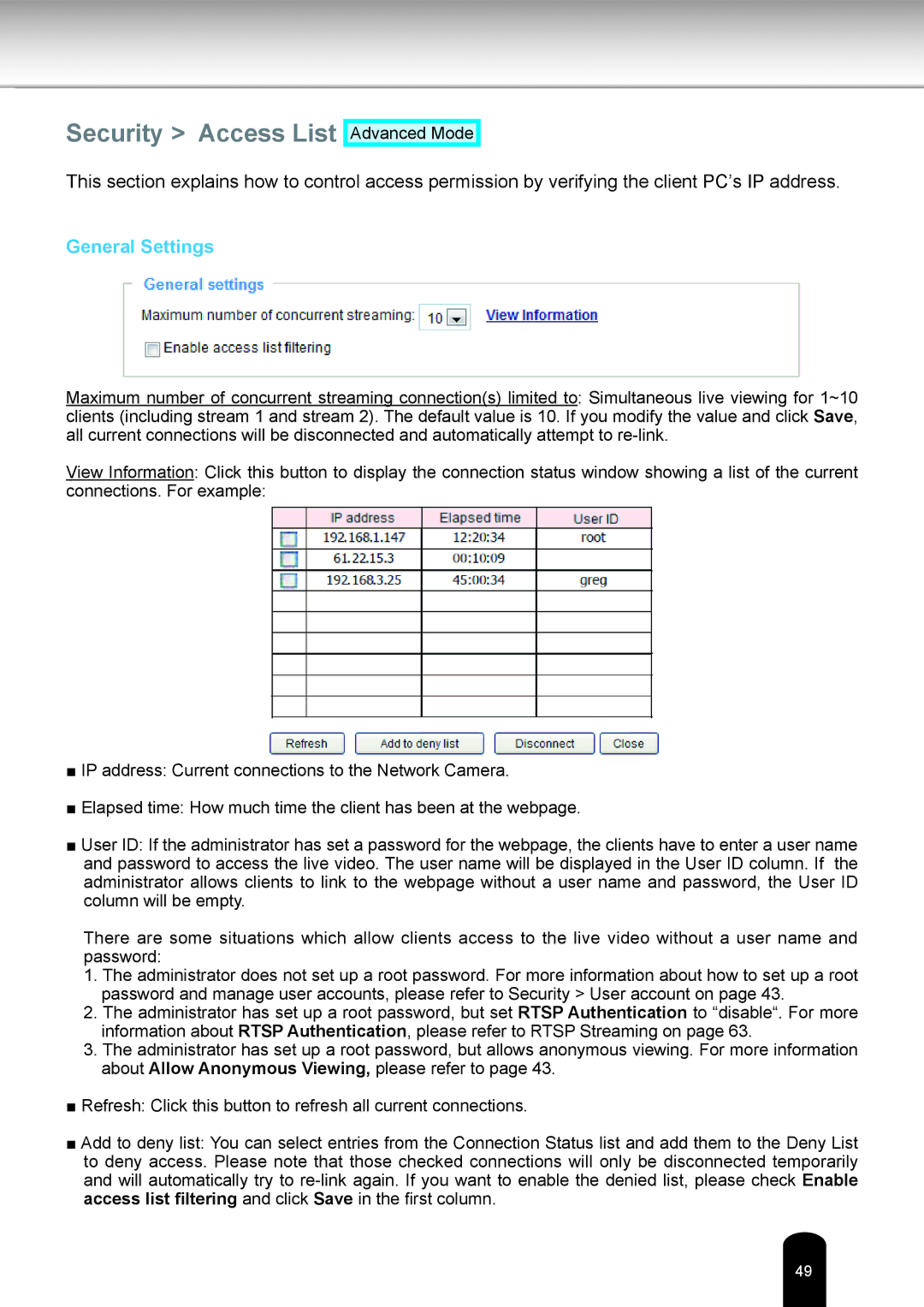 Toshiba IK-WR14A user manual Security Access List, General Settings 