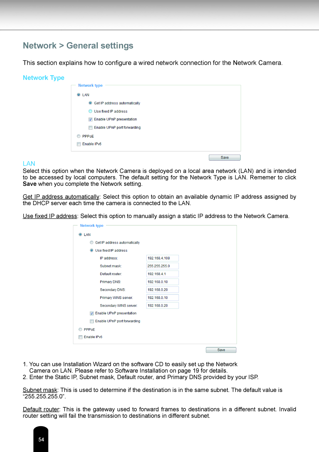 Toshiba IK-WR14A user manual Network General settings, Network Type 