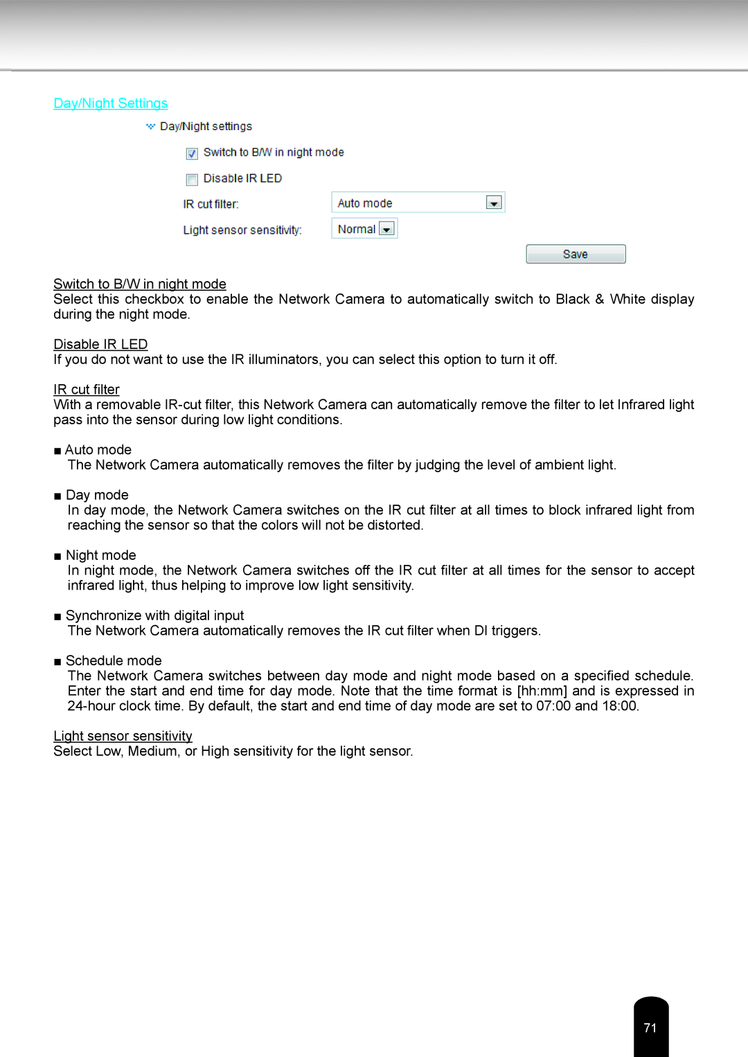 Toshiba IK-WR14A user manual Day/Night Settings 