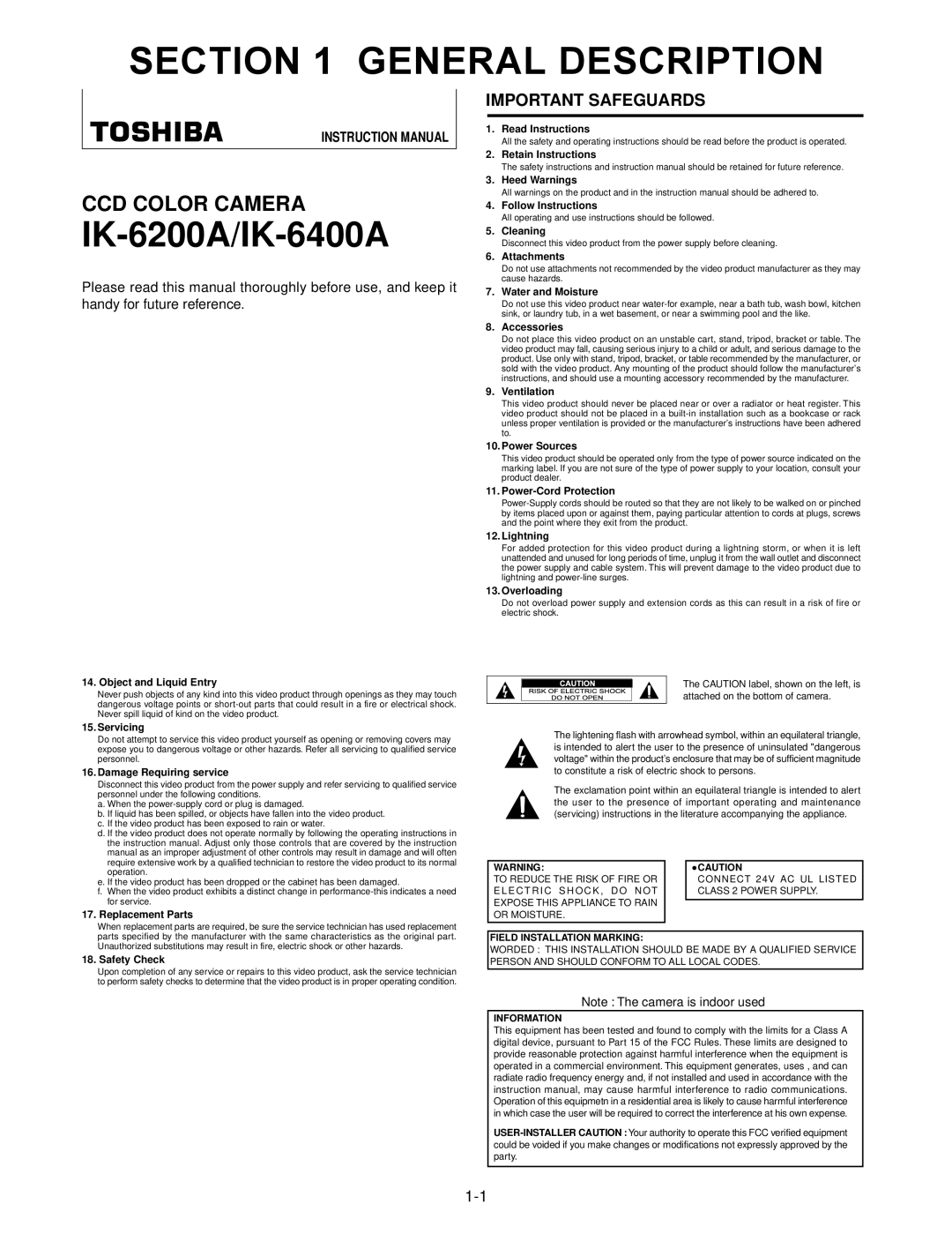 Toshiba IK-6200A, Ik6200a, IK-6400A instruction manual General Description, Important Safeguards 