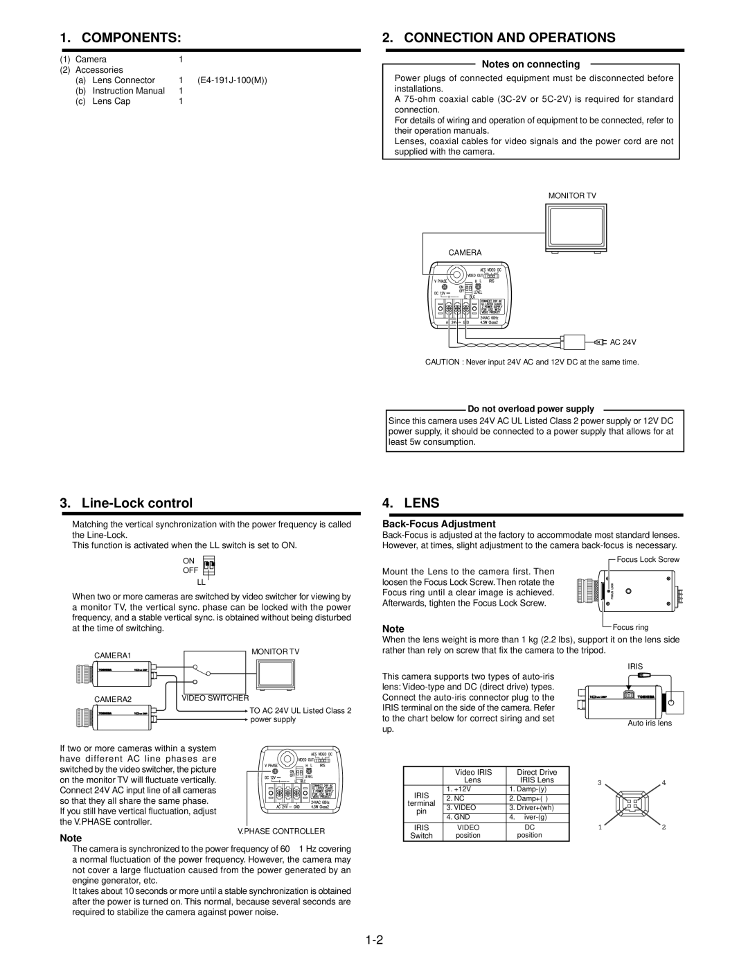 Toshiba IK-6400A, Ik6200a, IK-6200A instruction manual Components, Connection and Operations, Lens, Back-Focus Adjustment 