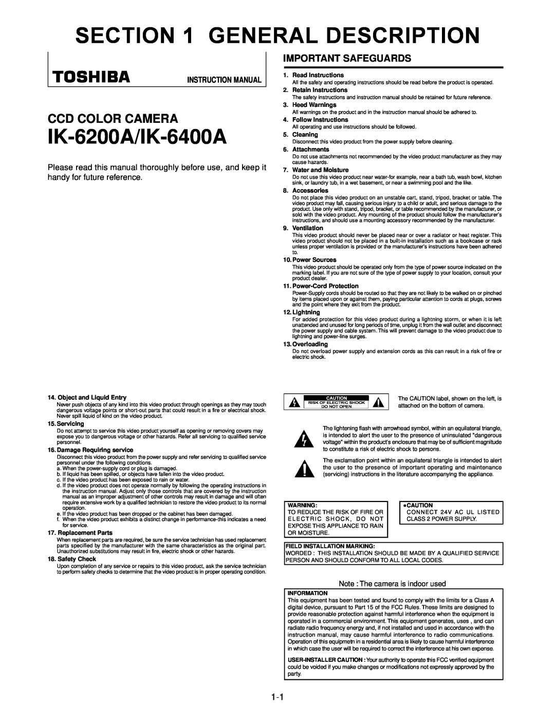 Toshiba Ik6200a instruction manual Important Safeguards, General Description, IK-6200A/IK-6400A, Ccd Color Camera 