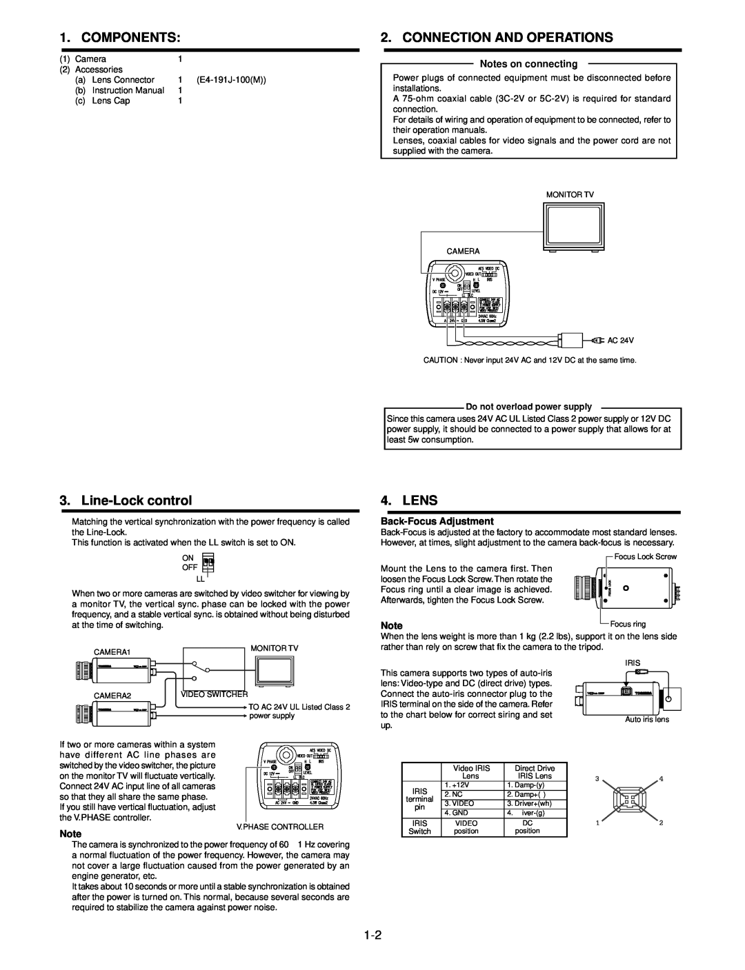 Toshiba IK-6400A Components, Connection And Operations, Line-Lockcontrol, Lens, Notes on connecting, Back-FocusAdjustment 