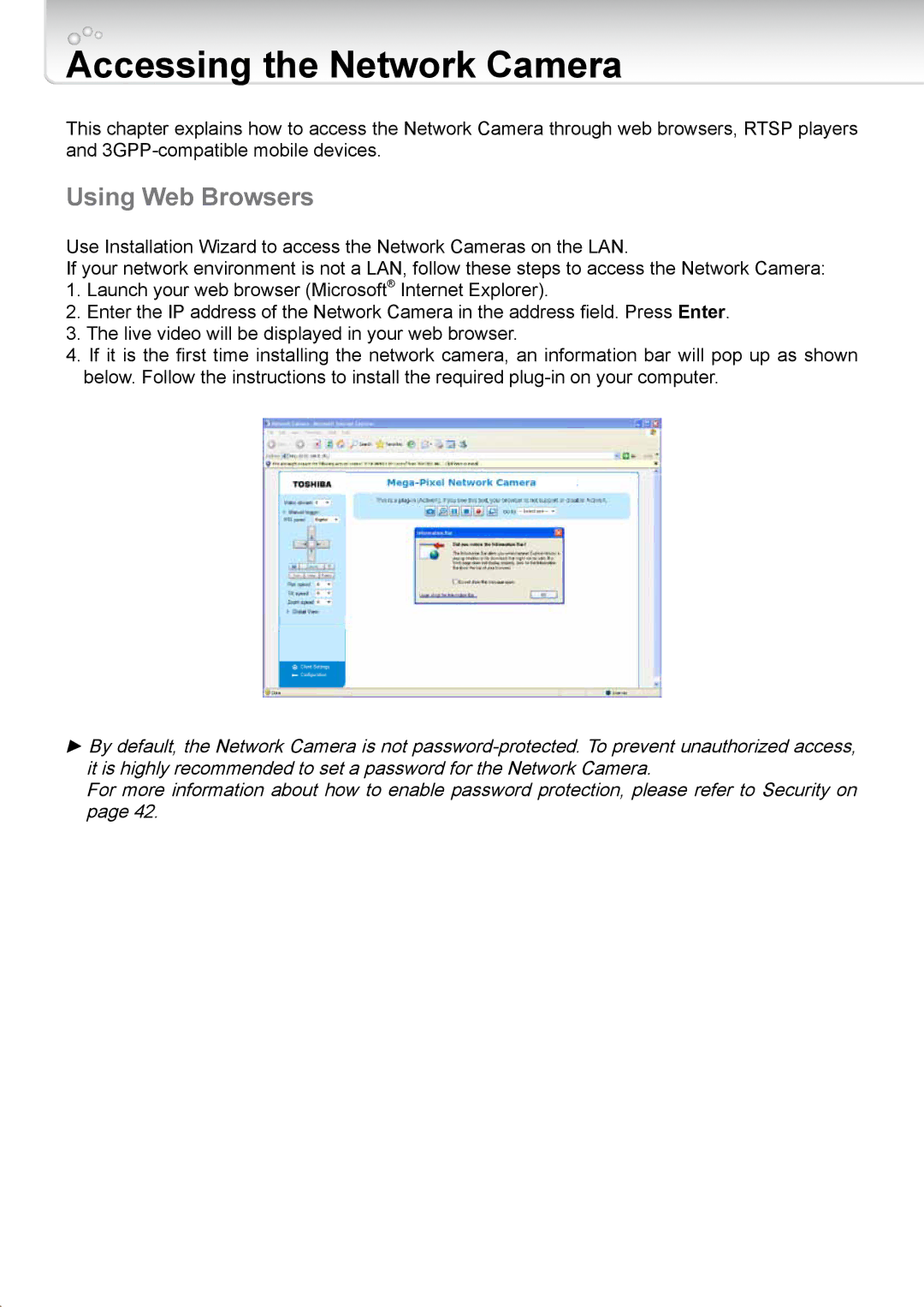 Toshiba IKWR04A user manual Accessing the Network Camera, Using Web Browsers 