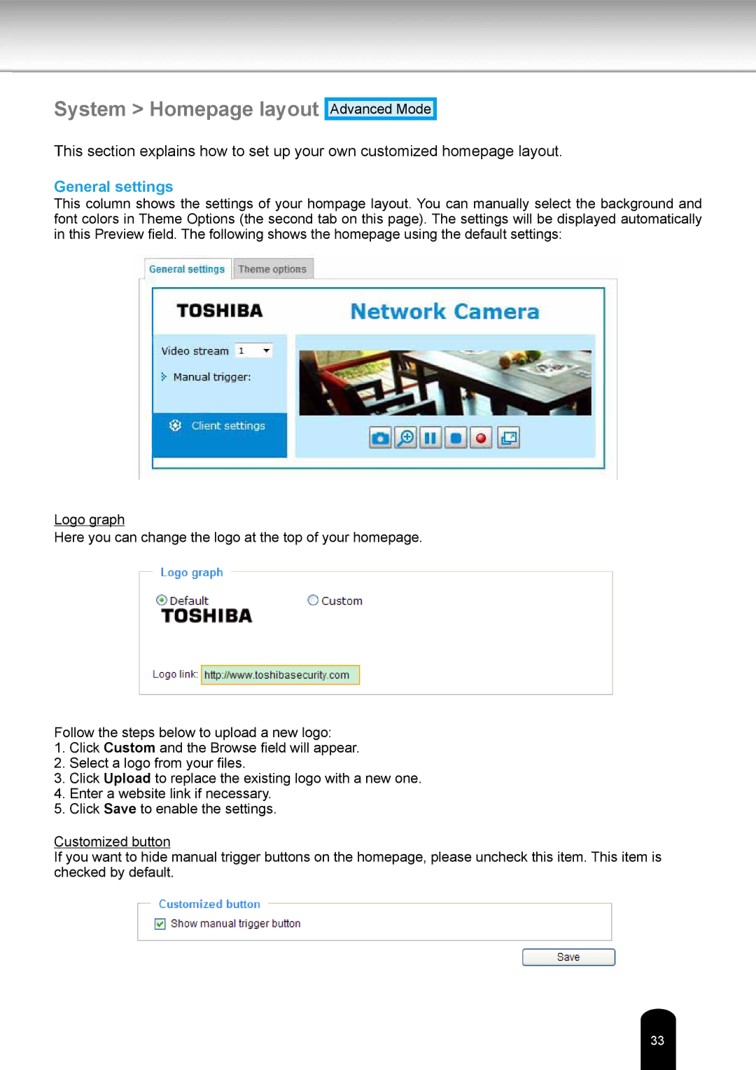 Toshiba IKWR04A user manual System Homepage layout, General settings 