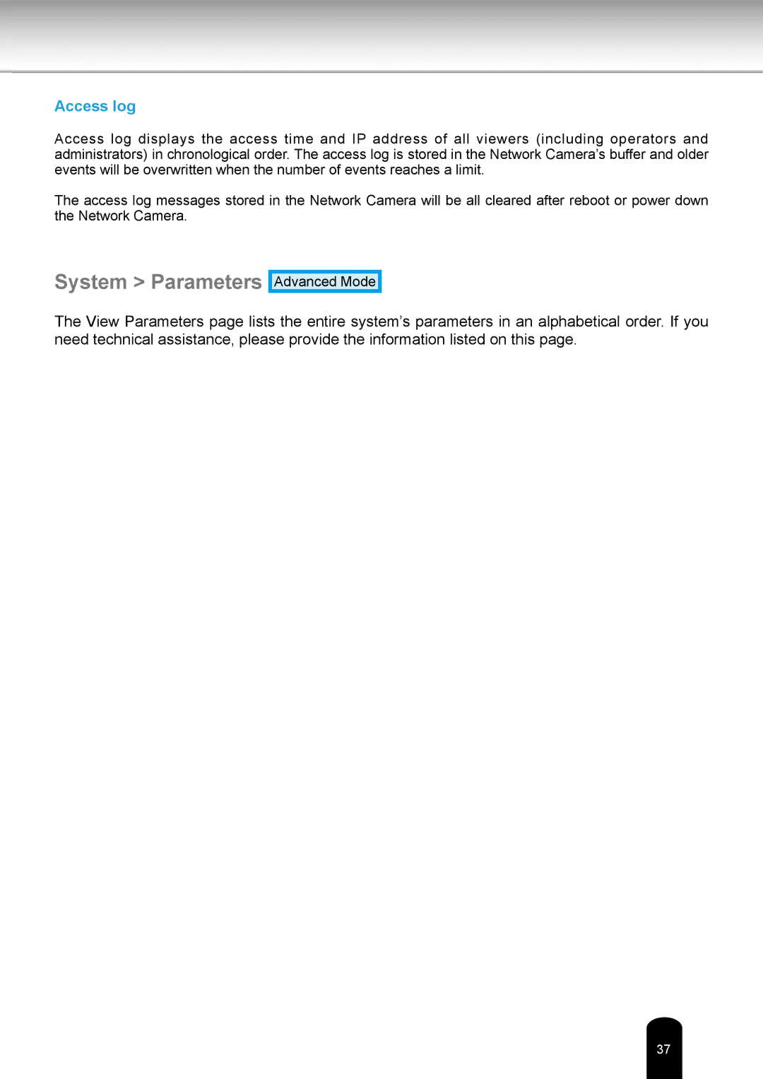 Toshiba IKWR04A user manual System Parameters, Access log 