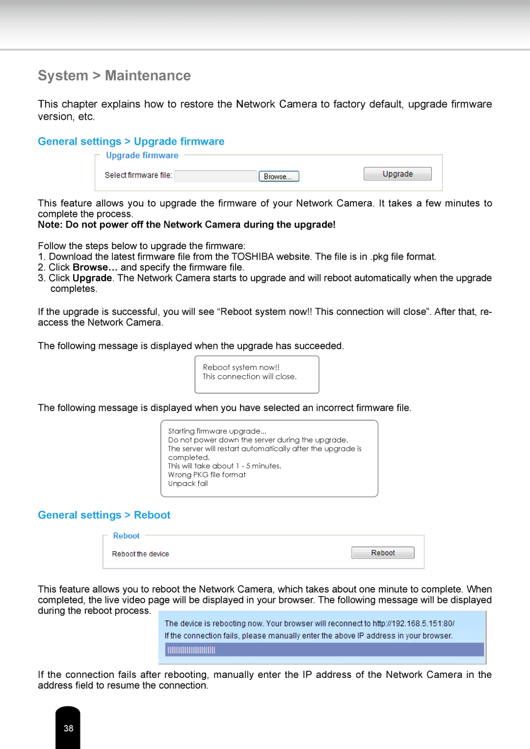 Toshiba IKWR04A user manual System Maintenance, General settings Upgrade firmware, General settings Reboot 