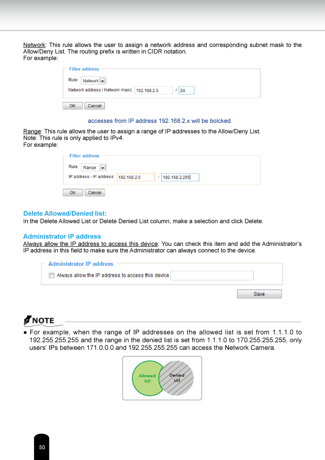 Toshiba IKWR04A user manual Delete Allowed/Denied list, Administrator IP address 