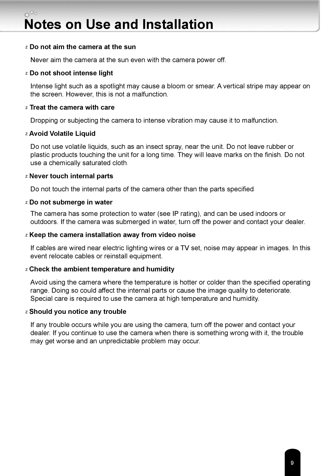 Toshiba IKWR04A user manual Do not aim the camera at the sun 