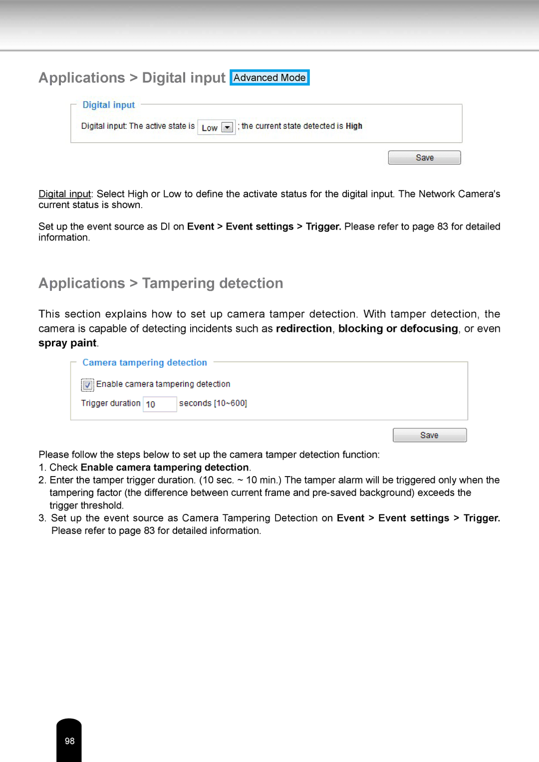 Toshiba IKWR04A user manual Applications Digital input, Applications Tampering detection 