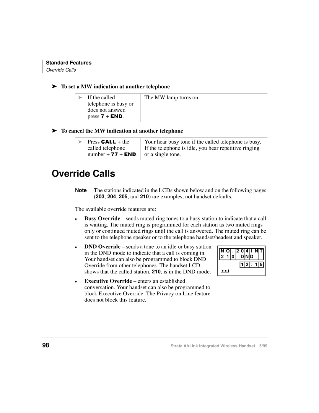 Toshiba Integrated Wireless Handset manual Override Calls 