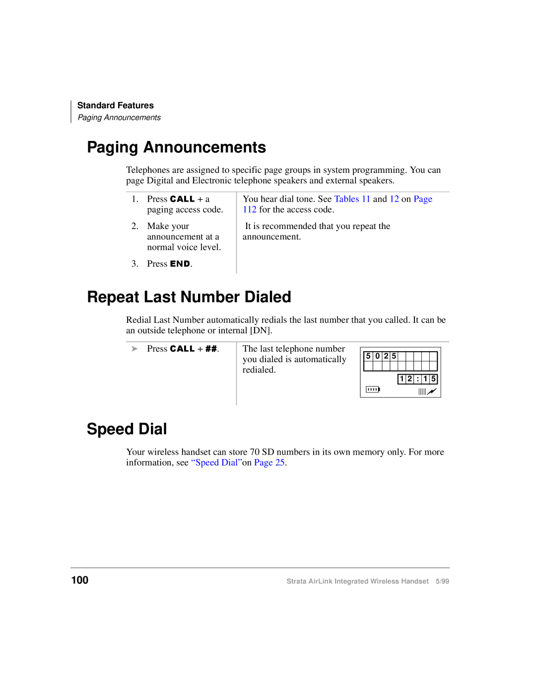 Toshiba Integrated Wireless Handset manual Repeat Last Number Dialed, 100 