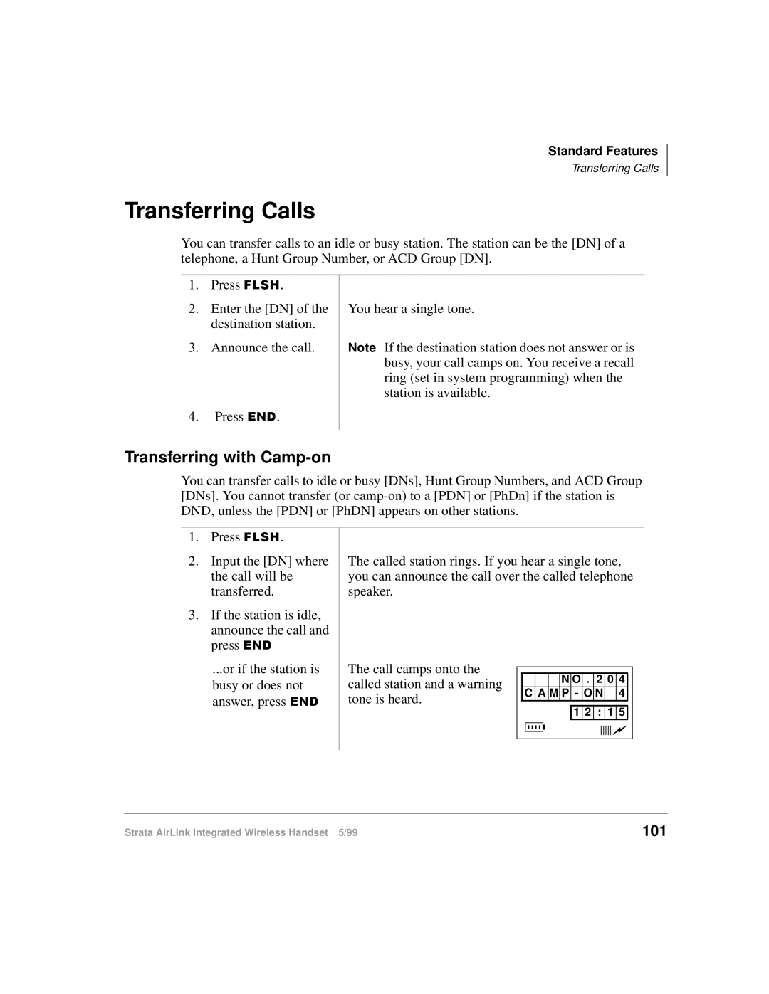 Toshiba Integrated Wireless Handset manual 101, Call camps onto Called station and a warning Tone is heard 