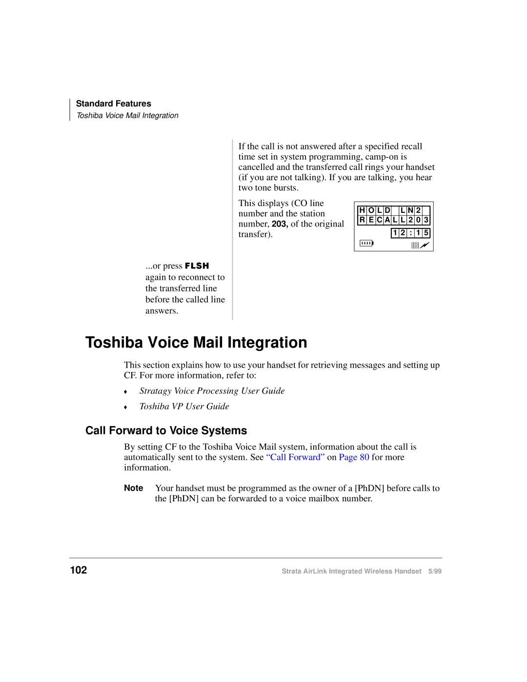 Toshiba Integrated Wireless Handset manual Toshiba Voice Mail Integration, 102 