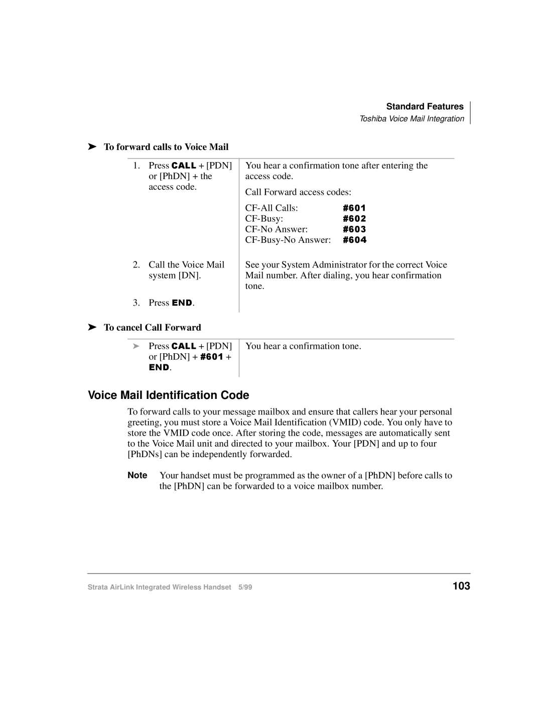 Toshiba Integrated Wireless Handset manual 103, To forward calls to Voice Mail 