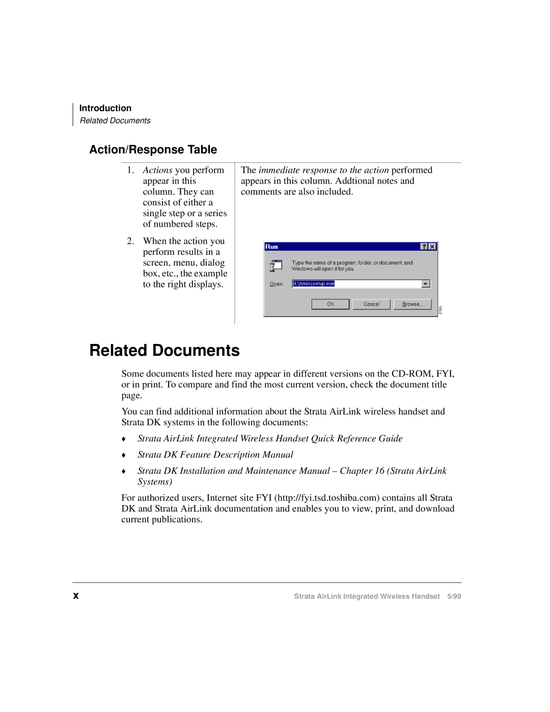 Toshiba Integrated Wireless Handset manual Related Documents, Action/Response Table 