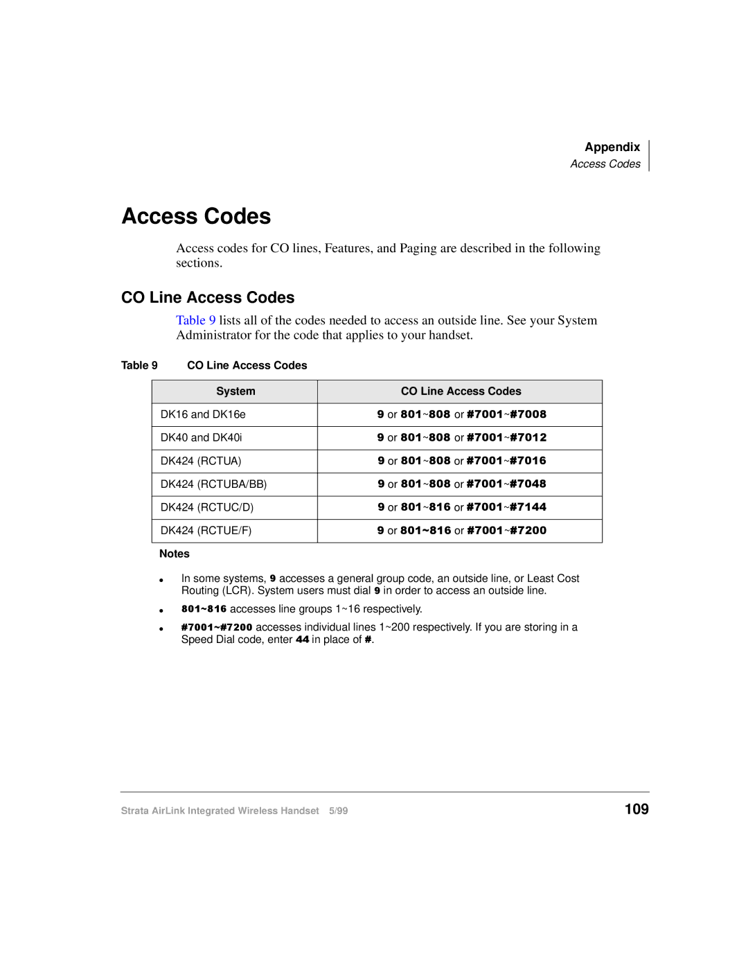 Toshiba Integrated Wireless Handset manual CO Line Access Codes, 109 