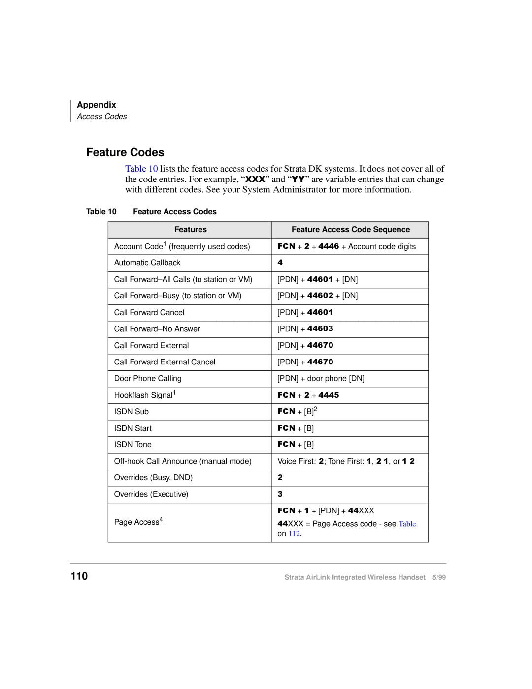 Toshiba Integrated Wireless Handset manual Feature Codes, 110 