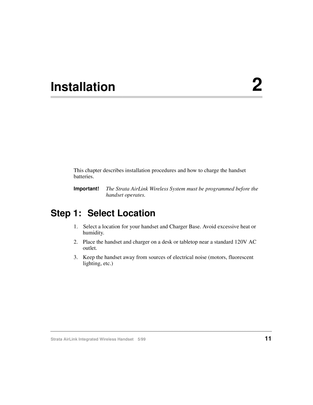 Toshiba Integrated Wireless Handset manual Installation, Select Location 