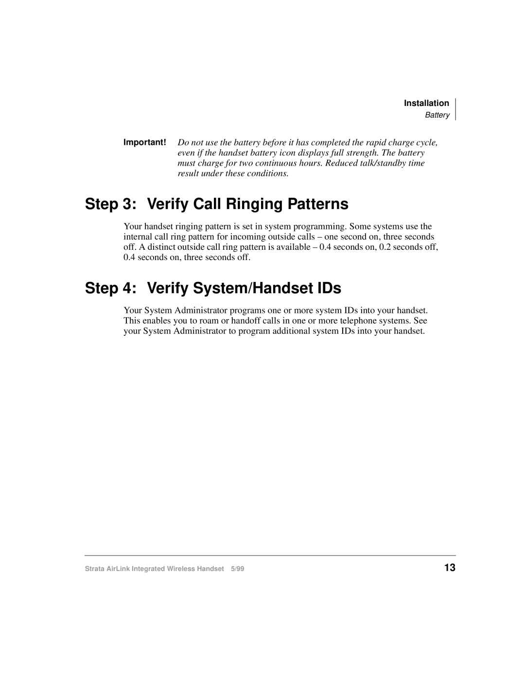 Toshiba Integrated Wireless Handset manual Verify Call Ringing Patterns, Verify System/Handset IDs 