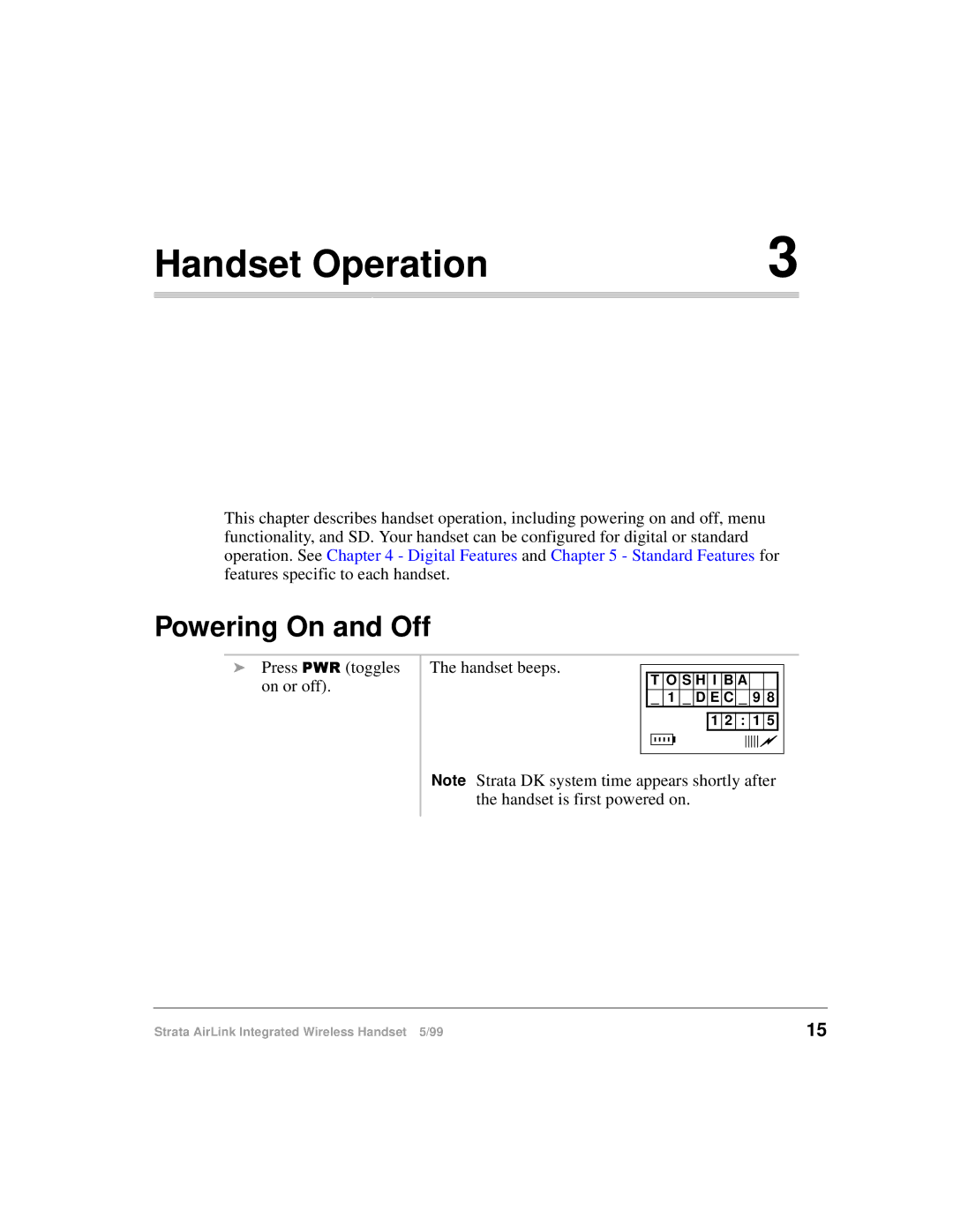 Toshiba Integrated Wireless Handset manual Handset Operation, Powering On and Off 